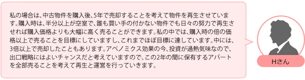 私の場合は、中古物件を購入後、5年で売却することを考えて物件を再生させています。購入時は、半分以上が空室で、誰も買い手の付かない物件でも日々の努力で再生させれば購入価格よりも大幅に高く売ることができます。私の中では、購入時の倍の価格以上で売ることを目標にしていますし、これまでほぼ目標に達しています。中には、3倍以上で売却したこともあります。アベノミクス効果の今、投資が過熱気味なので、出口戦略にはよいチャンスだと考えていますので、この2年の間に保有するアパートを全部売ることを考えて再生と運営を行っていきます。